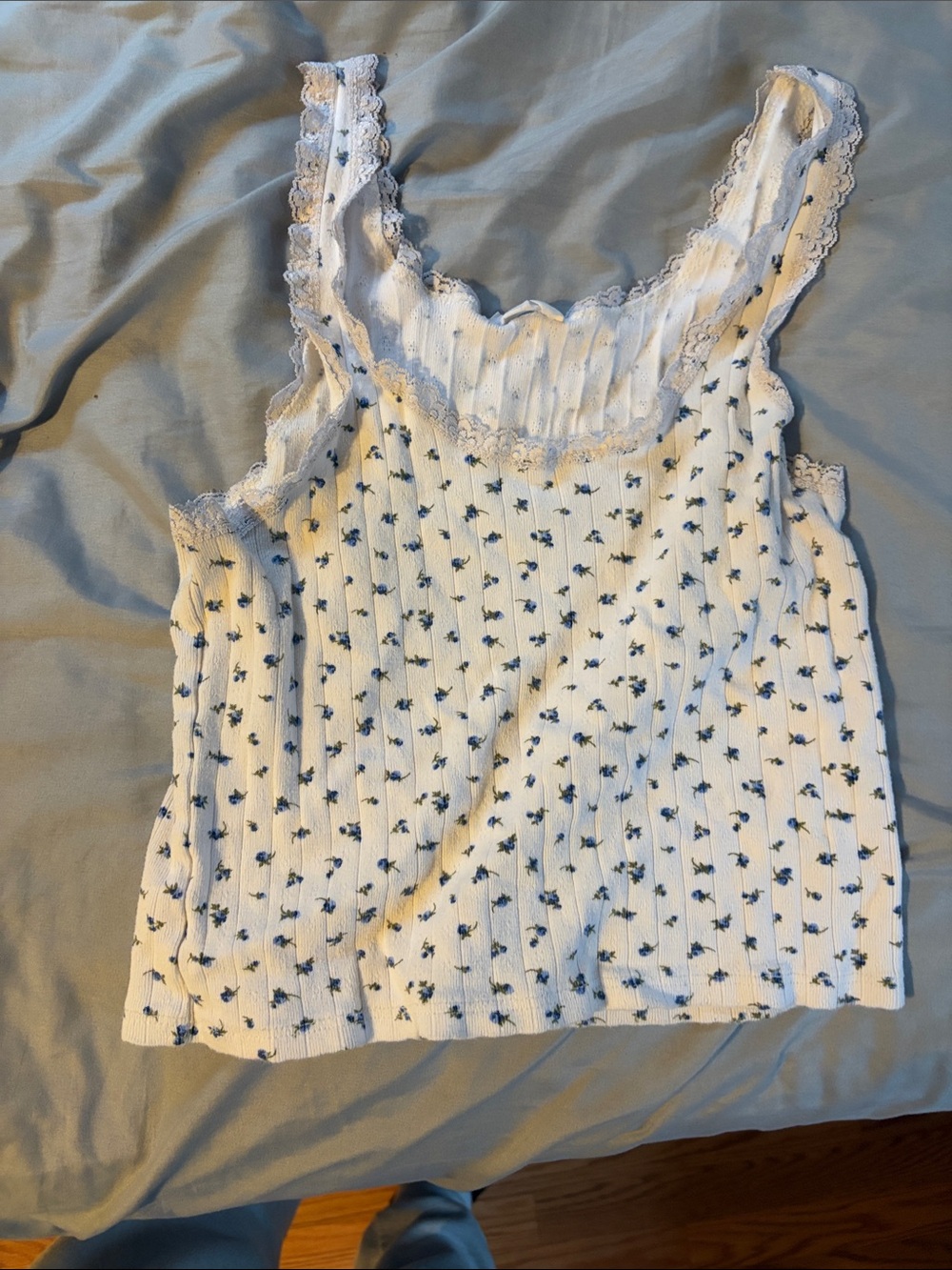 White Floral Lace-Trim Ribbed Tank Top